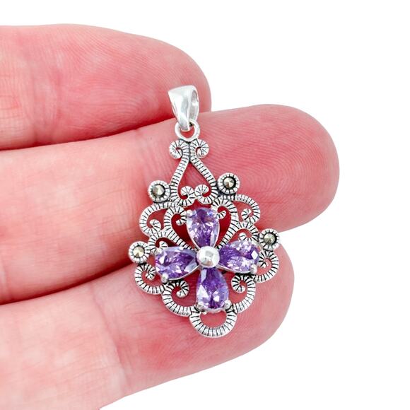 Vintage Sterling Silver Filigree Flower Marcasite Purple Cubic Zirconia Pendant - Picture 1 of 7